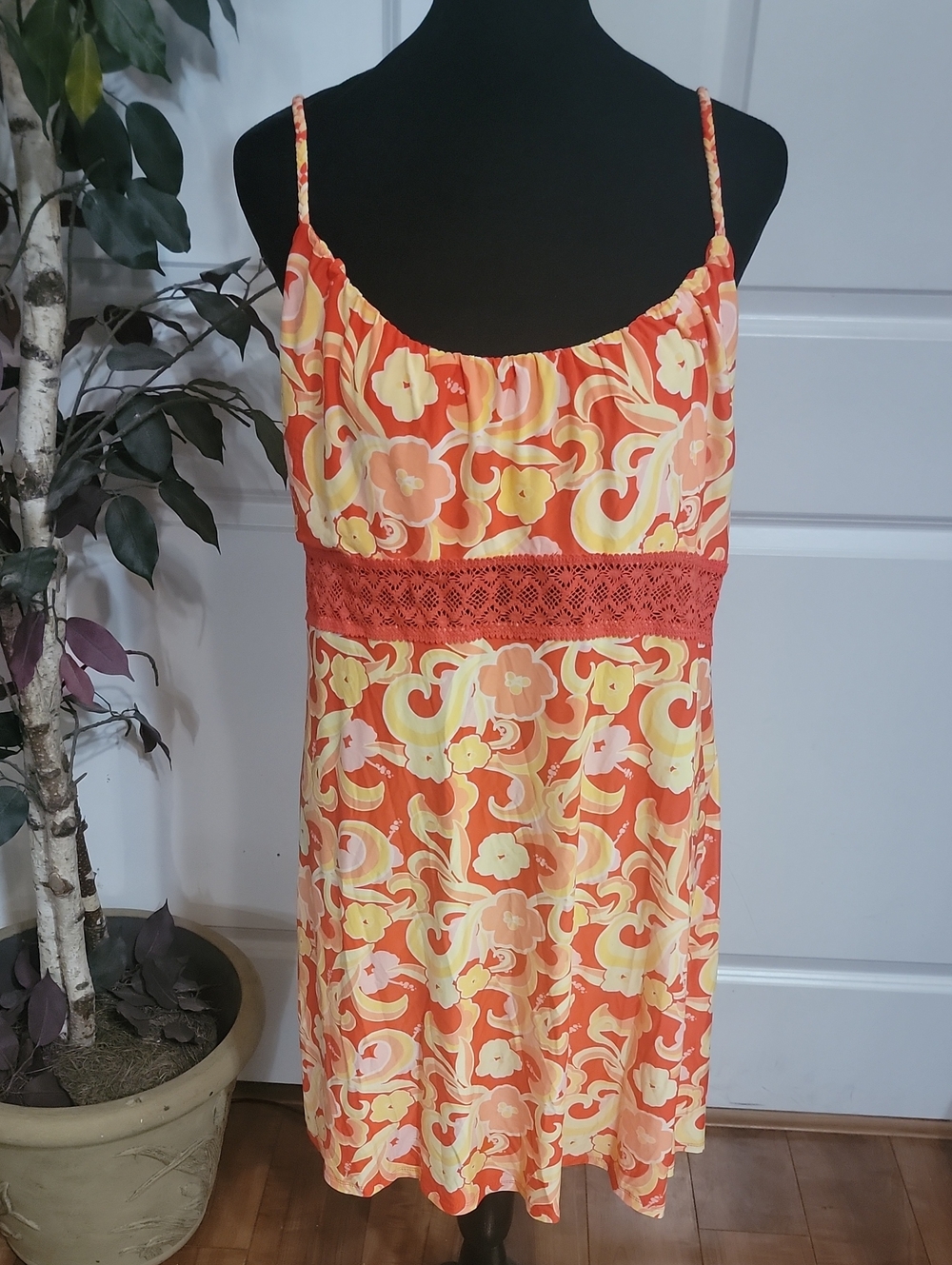 (#40) Annabelle Orange Floral Spaghetti-Strap Chemise with Crochet Waist